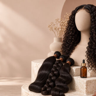 Generated local campaign still life of a wig, hair bundles and amber bottle; fictional preview imagery.